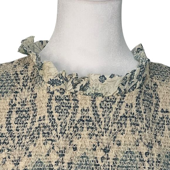 Easel Babydoll Smocked Antique Blue Cream Floral Damask Lace Trim Dress S Boho - Picture 3 of 13